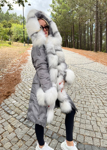 GREY PUFFA COAT WITH GREY FUR TRIM